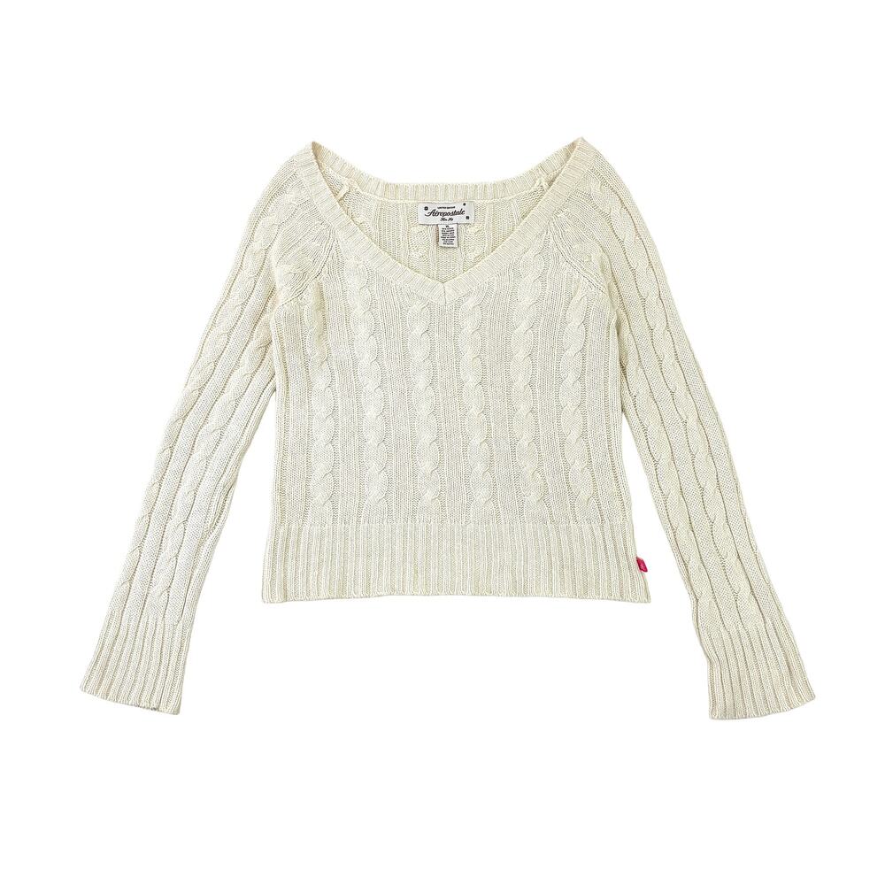 Y2K Aeropostale Cable Knit Sweater Women XL Cream Ramie Angora V Neck Coquette